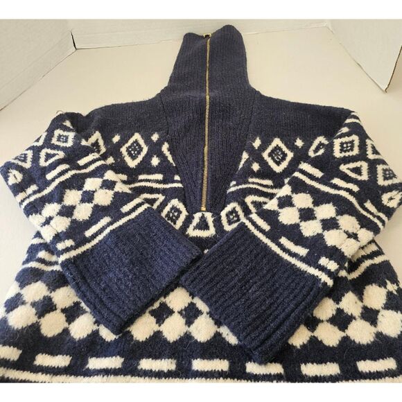 J.Crew Alpaca Wool Half-Zip Sweater | Navy Geometric Knit Après Ski Resort XS-S - Picture 9 of 10